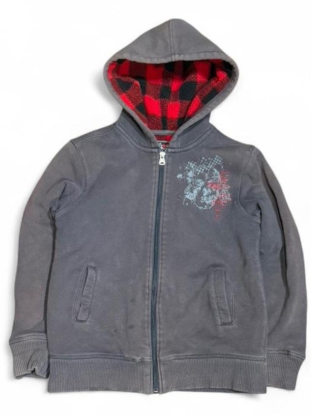 Y2K Reign Supreme Plaid Lined Grunge Distressed Zip Up Hoodie